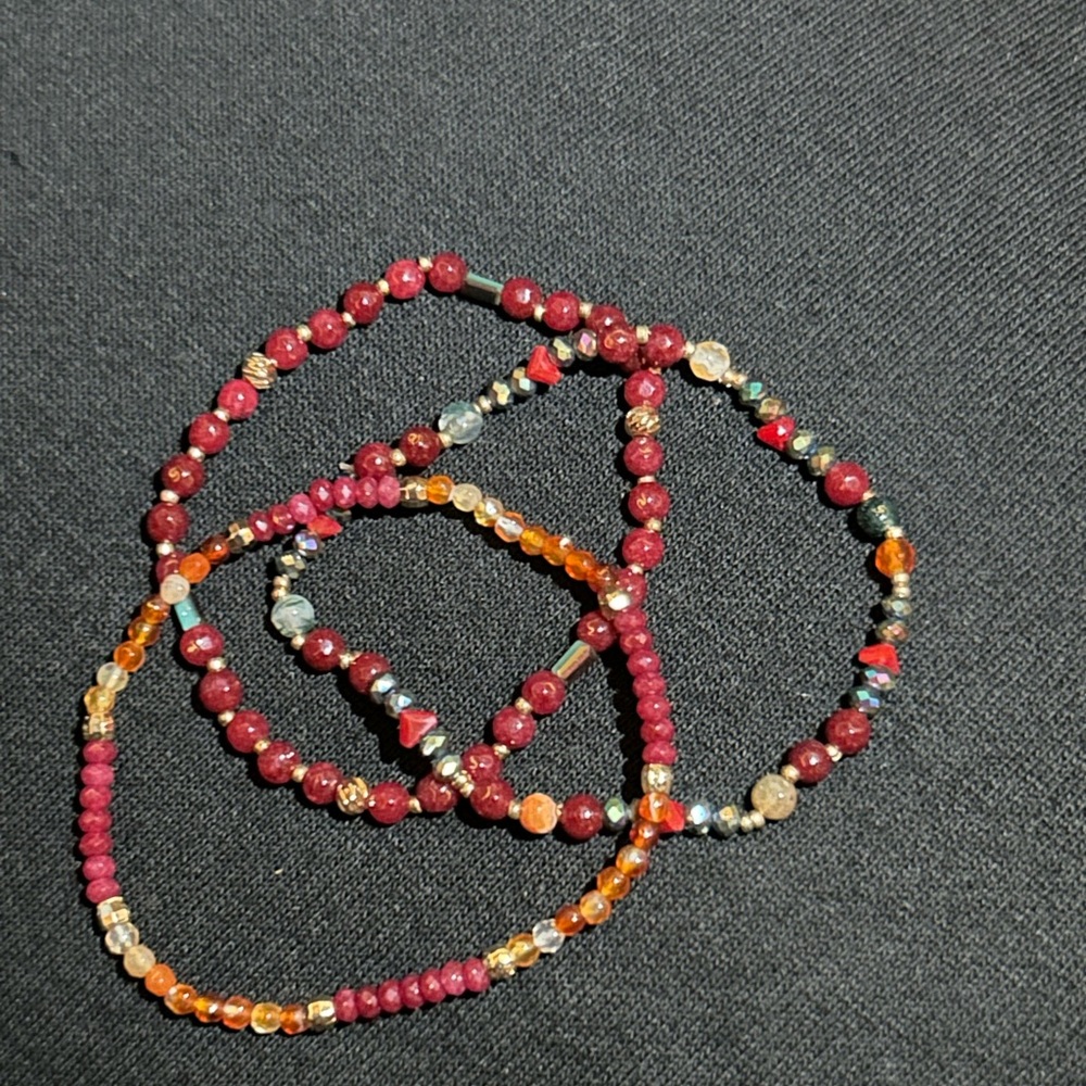 Set of 3 red and multi color beaded bracelets handmade lightweight bracelet set